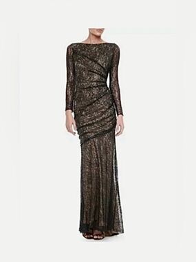 Carmen Marc Valvo Long-Sleeve Sequined Lace Black Ruched Fitted Evening Gown 6
